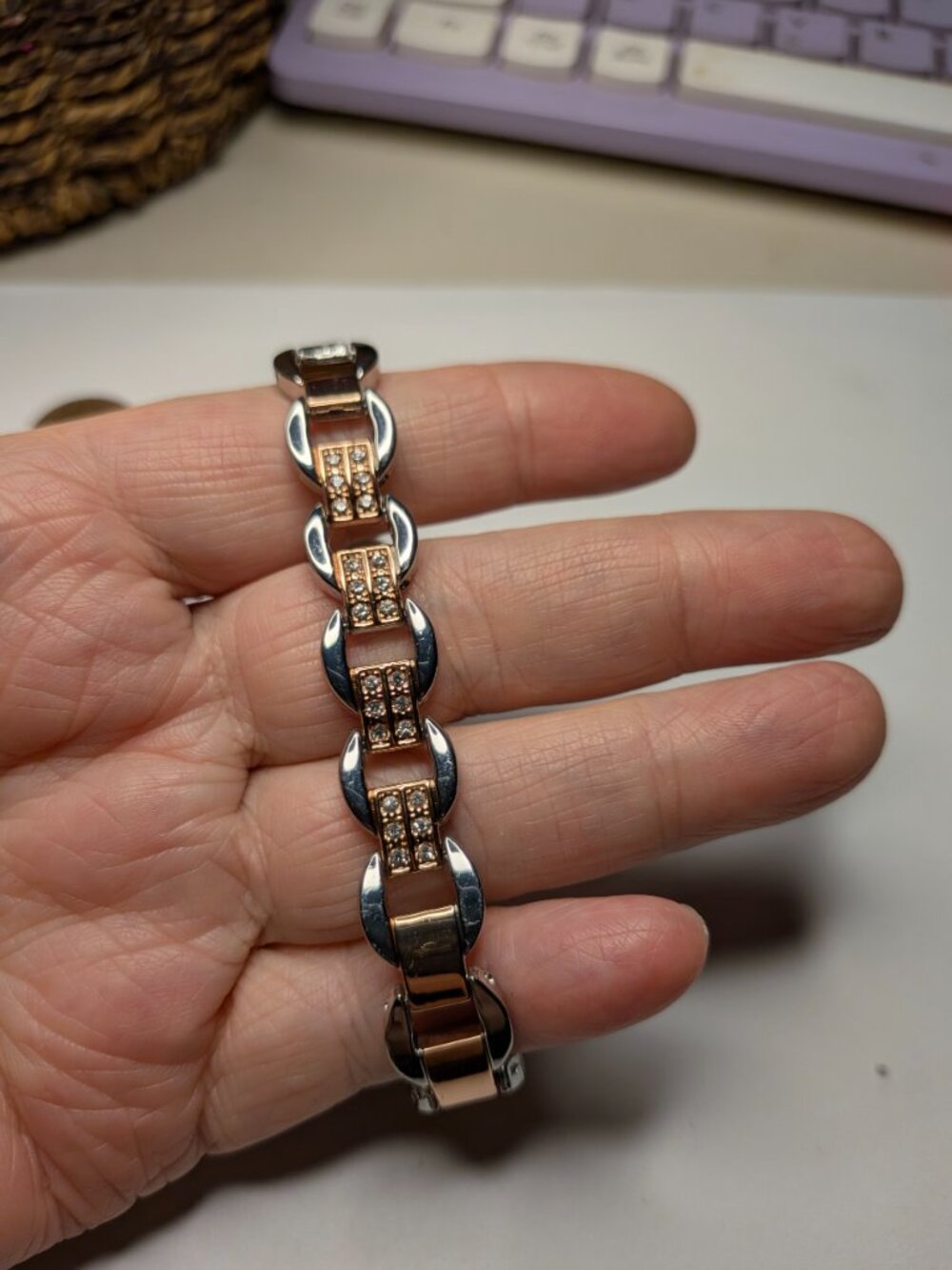 Two Tone Rhinestone Link Bracelet - Picture 3 of 6